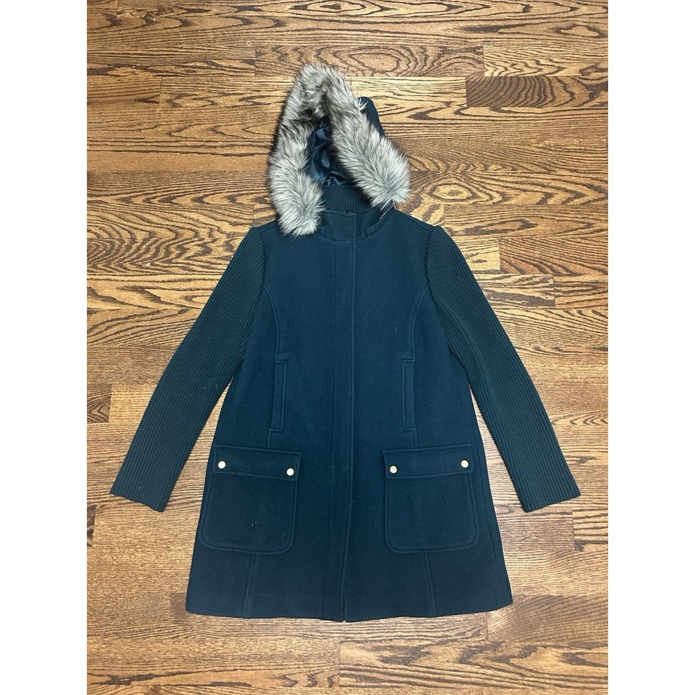 Talbots Size 10 Green Jade Wool Blend Coat Faux Fur Hood